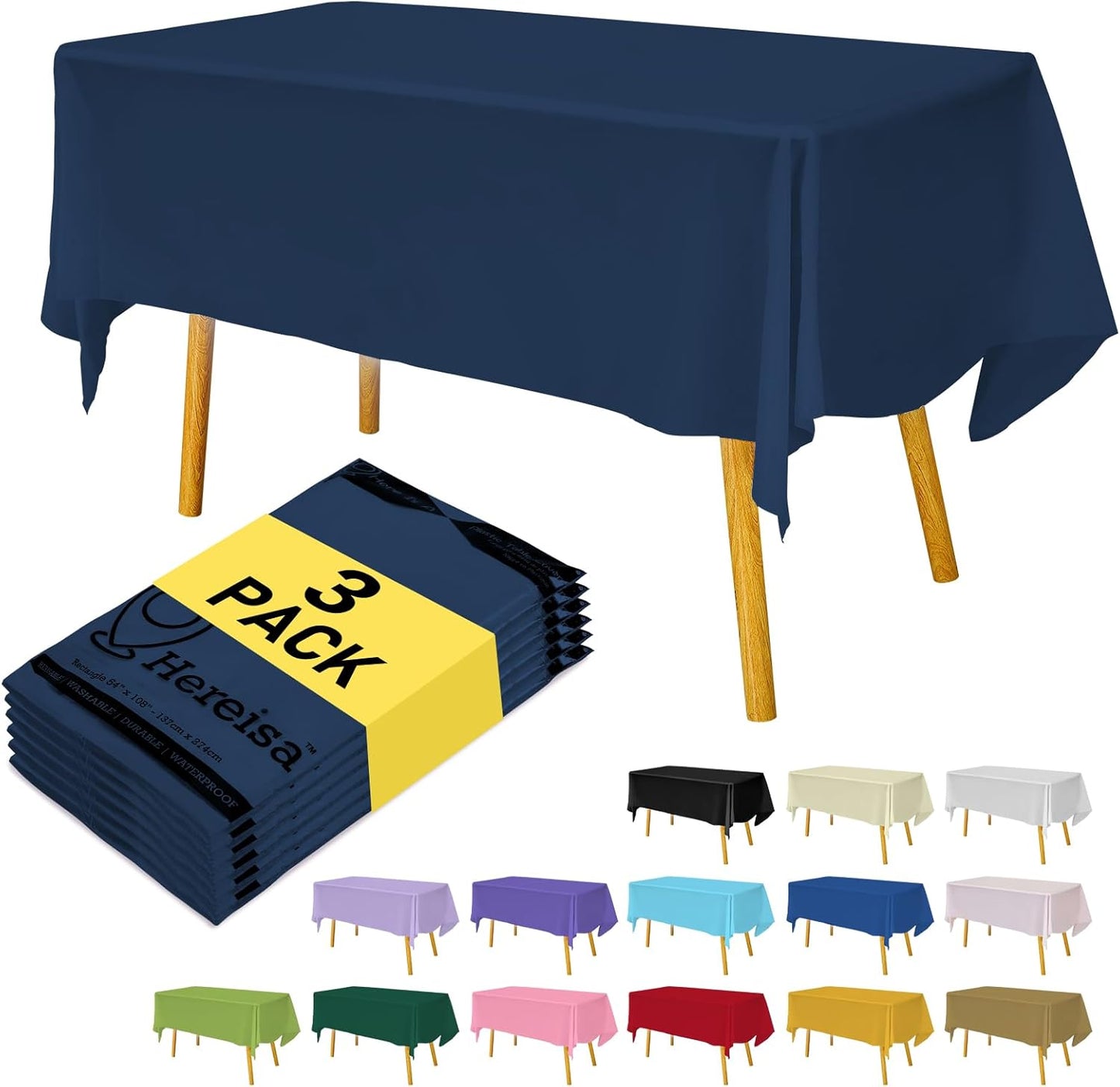 Plastic Navy Blue Tablecloths 3 Pack Disposable Table Covers 54" x 108" Deep Blue Table Cloths PEVA Party Tablecovers for Parties Picnic Birthday Wedding Banquet, Fits 6 to 8 Foot Tables