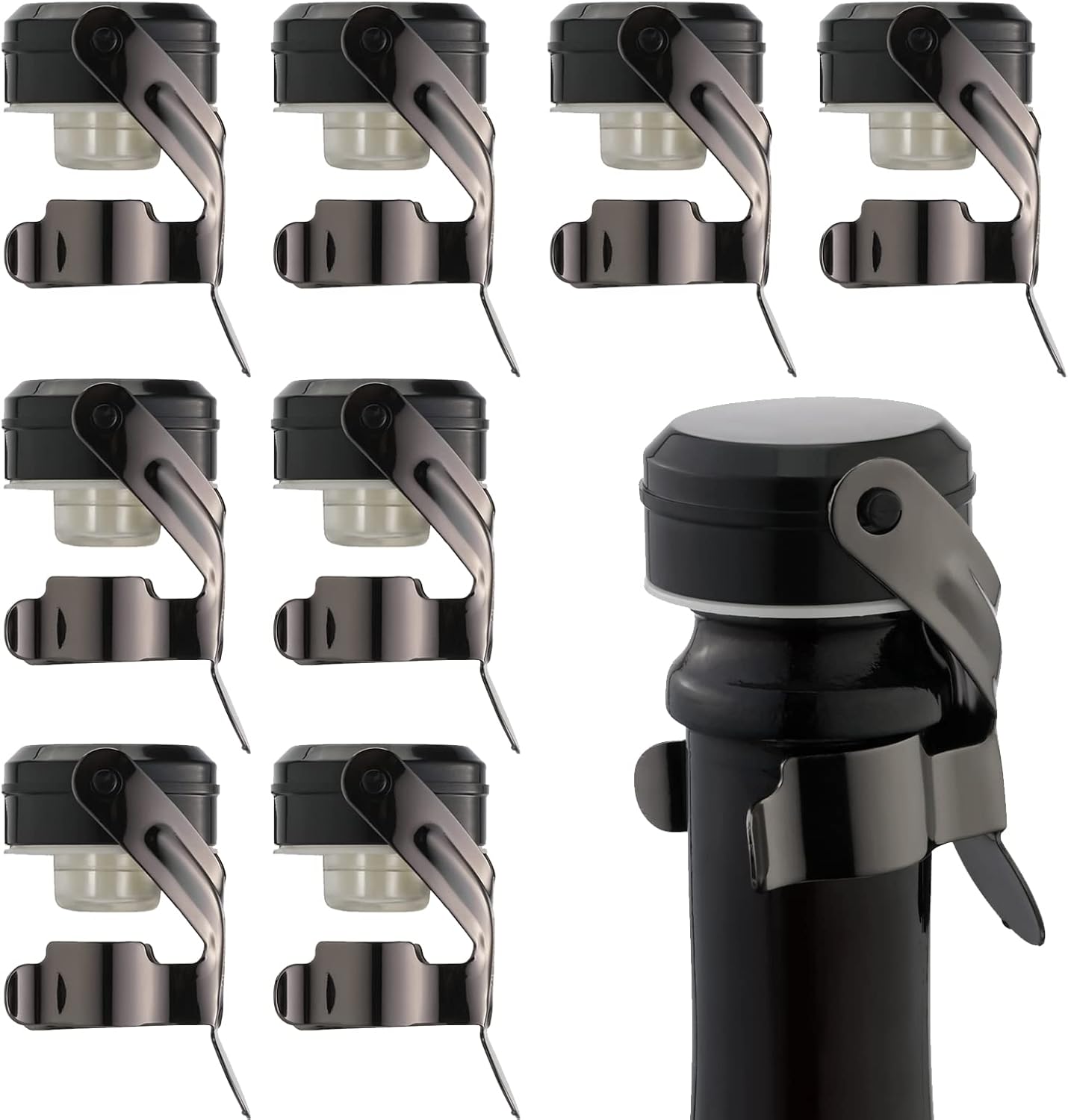 WOTOR Champagne&Wine Bottle Stoppers Stainless Steel with Food Grade Silicone, Leak Proof Keep Fresh Reusable Saver, Cork Suitable for Wine, Champagne, Cava, Prosecco and Sparkling (8 Pack Black）