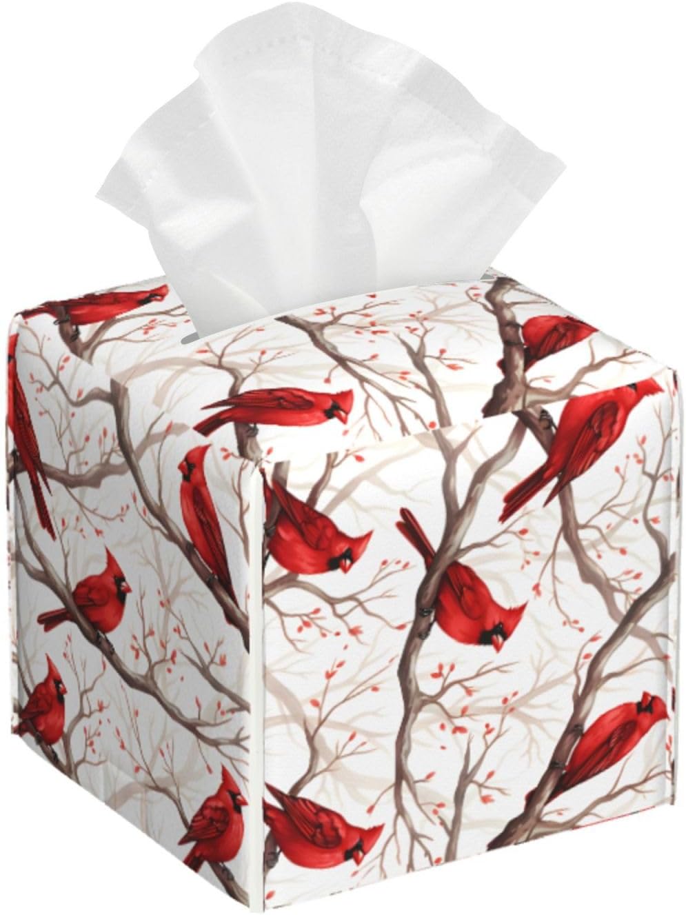 Tissue Box Cover Winter Christmas Red Bird Square PU Leather Tissue Box Holder for Car Bathroom Bedroom Desk Tabletop Decor