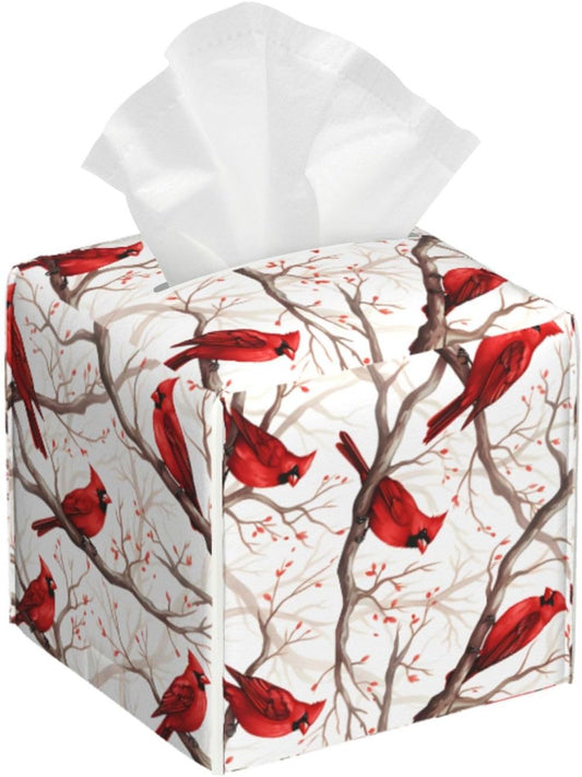 Tissue Box Cover Winter Christmas Red Bird Square PU Leather Tissue Box Holder for Car Bathroom Bedroom Desk Tabletop Decor