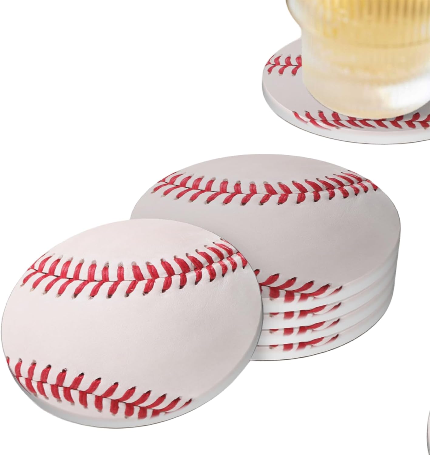 Baseball Ball Coasters for Drinks Set of 4, Absorbent Ceramic Drink Coasters for Coffee Table Wooden Table Cup Bar, 4 Inches