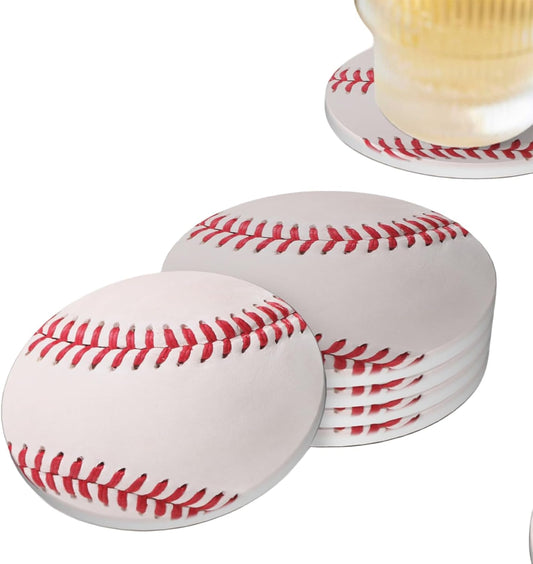 Baseball Ball Coasters for Drinks Set of 4, Absorbent Ceramic Drink Coasters for Coffee Table Wooden Table Cup Bar, 4 Inches