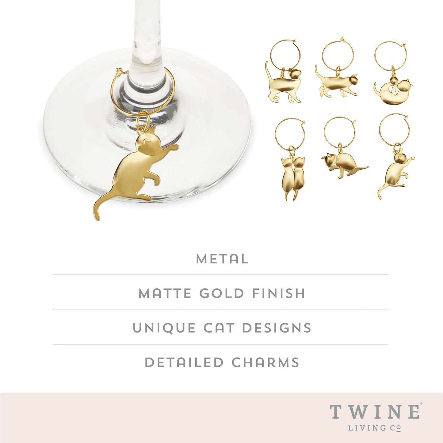 Twine Cat Lovers Wine Charm Rings with Six Unique Designs, Glass Charms for Stem Glasses, Drink Markers, Wedding, Anniversary, Birthday Party, Gold