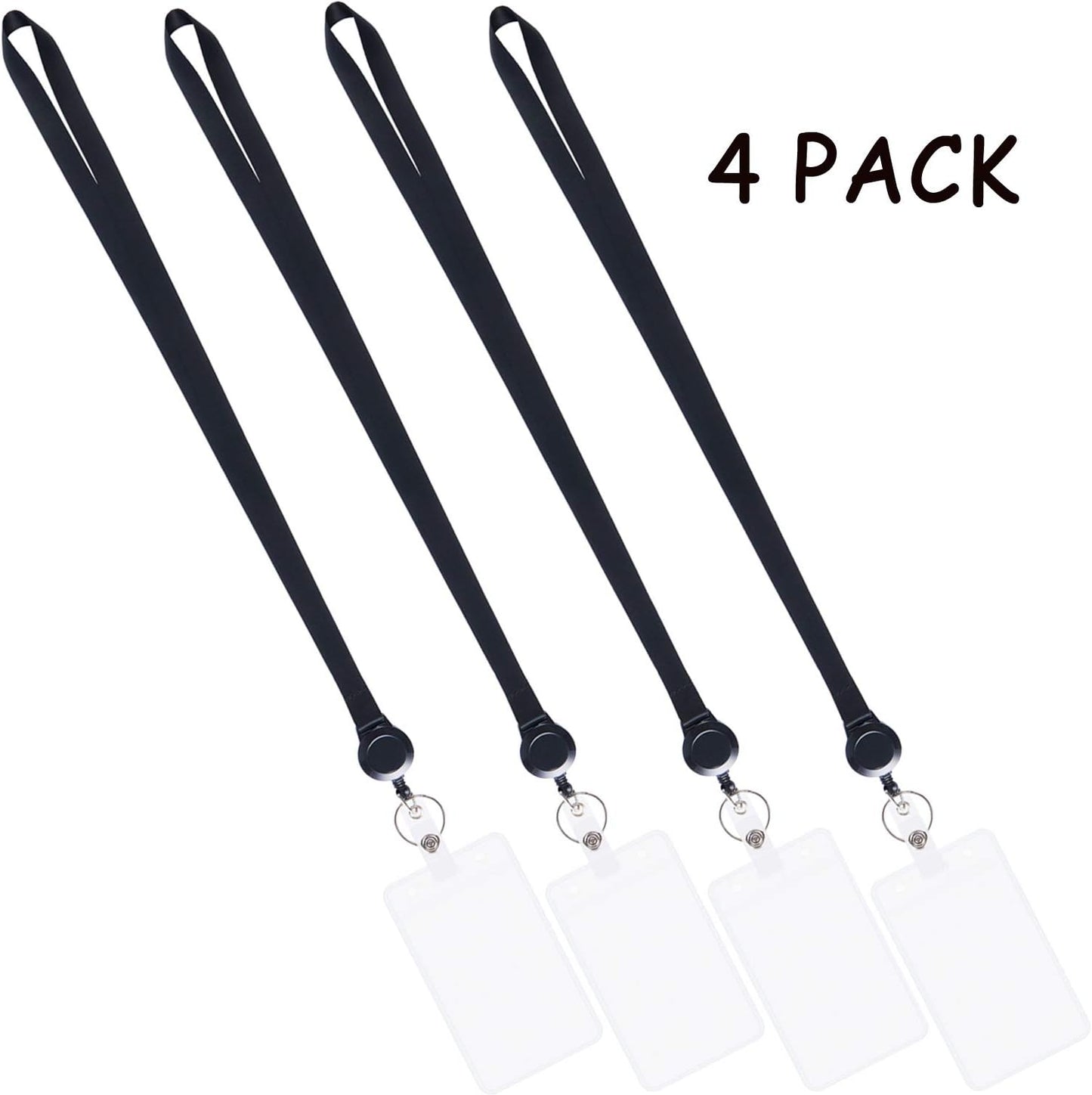 YOUOWO Lanyards Black with Retractable Badge Reel and Vertical ID Badge Holder,Punched Zipper Waterproof (4 Pack Black with Badge Reel Badge Holder)