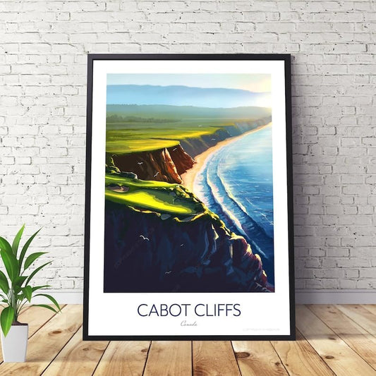Nationcog Cabot Cliffs Golf Print; 16th Hole - Golf Poster Canada; Coastal Golf Art; Golf Landscape Illustration; Scenic Golf Painting; Luxury Golf Resort Print (Unframed) (12x18)