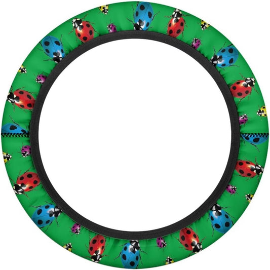 Ladybug Print Golf Cart Steering Wheel Cover Green 13-14 Inch Golf Cart Steering Wheel Covers Anti-Slip Universal Fit Club Car Accessories, Breathable Interior Decor