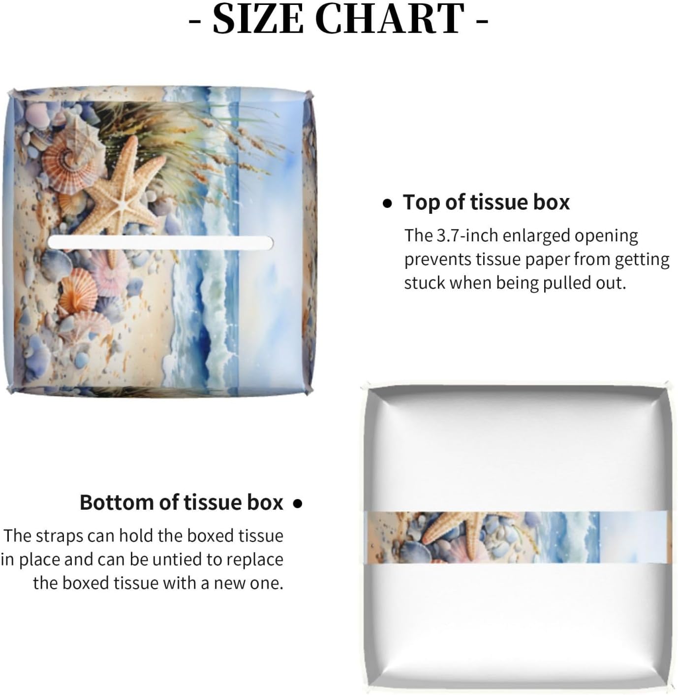 Tissue Box Cover Watercolor Beach Starfish Seashell Square PU Leather Tissue Box Holder for Car Bathroom Bedroom Desk Tabletop Decor