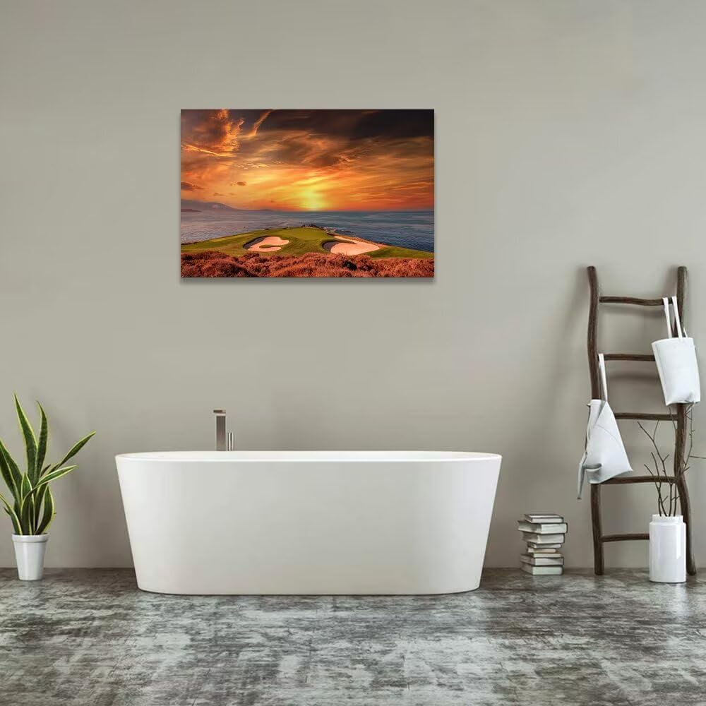 Pebble Beach Golf Course Hole 7 Wall Art for Living Room Bedroom Bathroom Home Decorations Monterey California USA Golf Course Picture Poster Framed Artwork Canvas Prints Ready to Hang(12''H x 16''W)