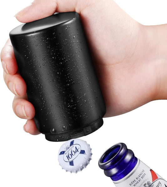 Beer Bottle Opener Destapadores de Cerveza, Automatic Bottle Cap Opener, Down-Pop Off Beer Bottle Openers for Seniors with Magnetic Cap Catcher, Cool Bartender Tools, Men Beer Gift（Black）