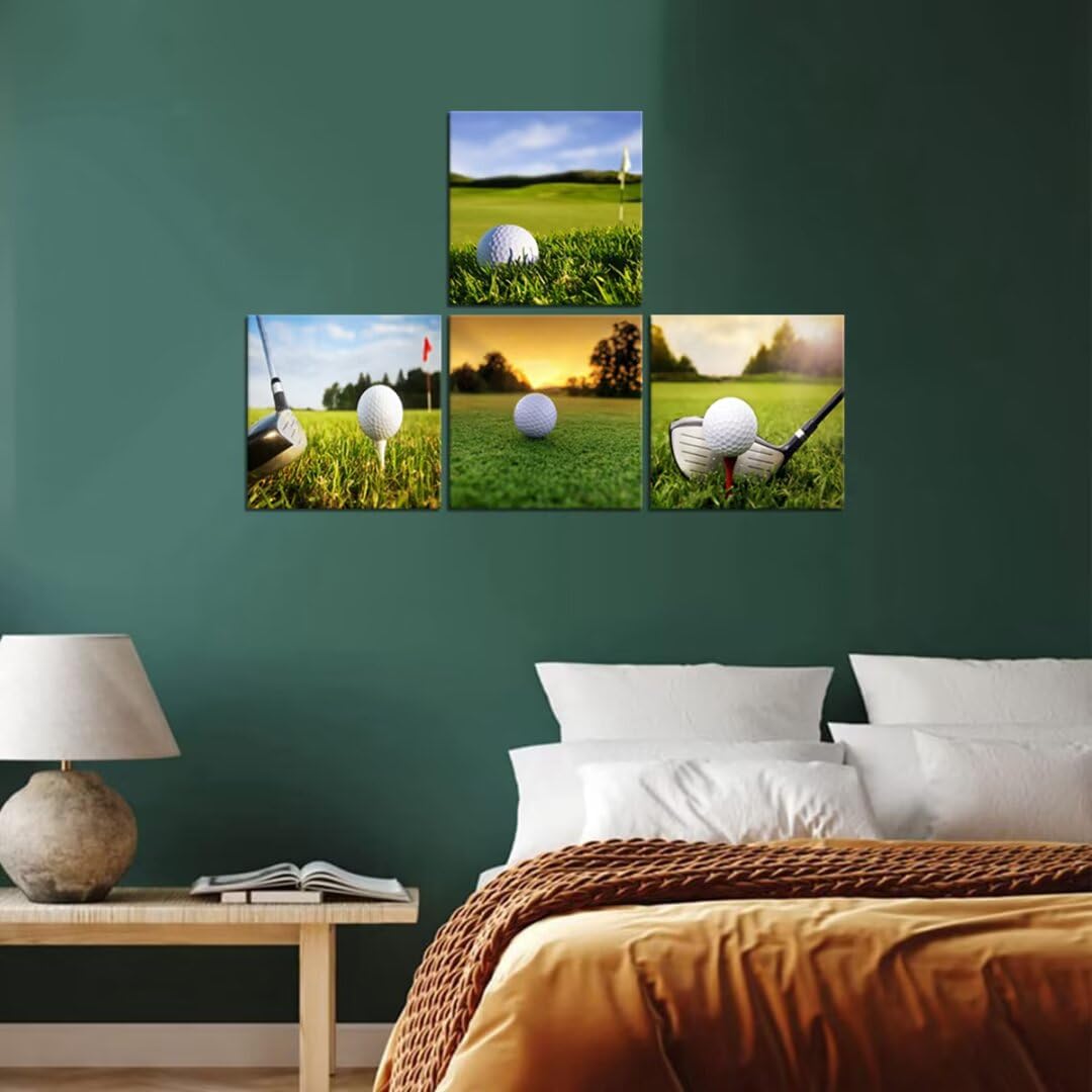 Pankila Golf Course Canvas Wall Art for Gym Club Golf Wall Decor Yellow Green Golf Landscape Abstract Wall Painting Decor Living Room Bedroom Bathroom Frame Artwork (12''W x 12''H x 4)