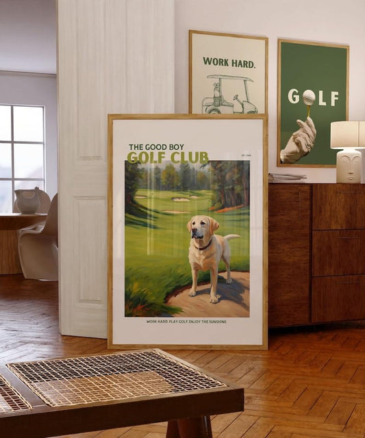 Nationcog Good Boy Golf Club Poster, Yellow Labrador Retriever Dog on Golf Course Wall Art, Funny Retro Golf Print, Funny Golf Poster, Ideal for Bar, Lounge, or Game Room (Unframed) (16x24)
