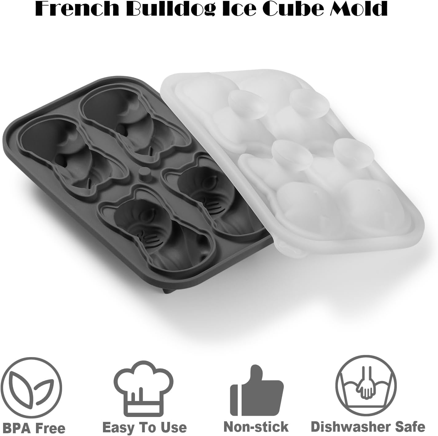 Nax Caki French Bulldog Ice Cube Mold, 4 Hole Fun Shapes Large Frenchie Bull Dog Ice Cube Tray for Whiskey,Cocktail,Bourbon, Cute Novelty French Bulldog Gifts for Decor, BPA Free