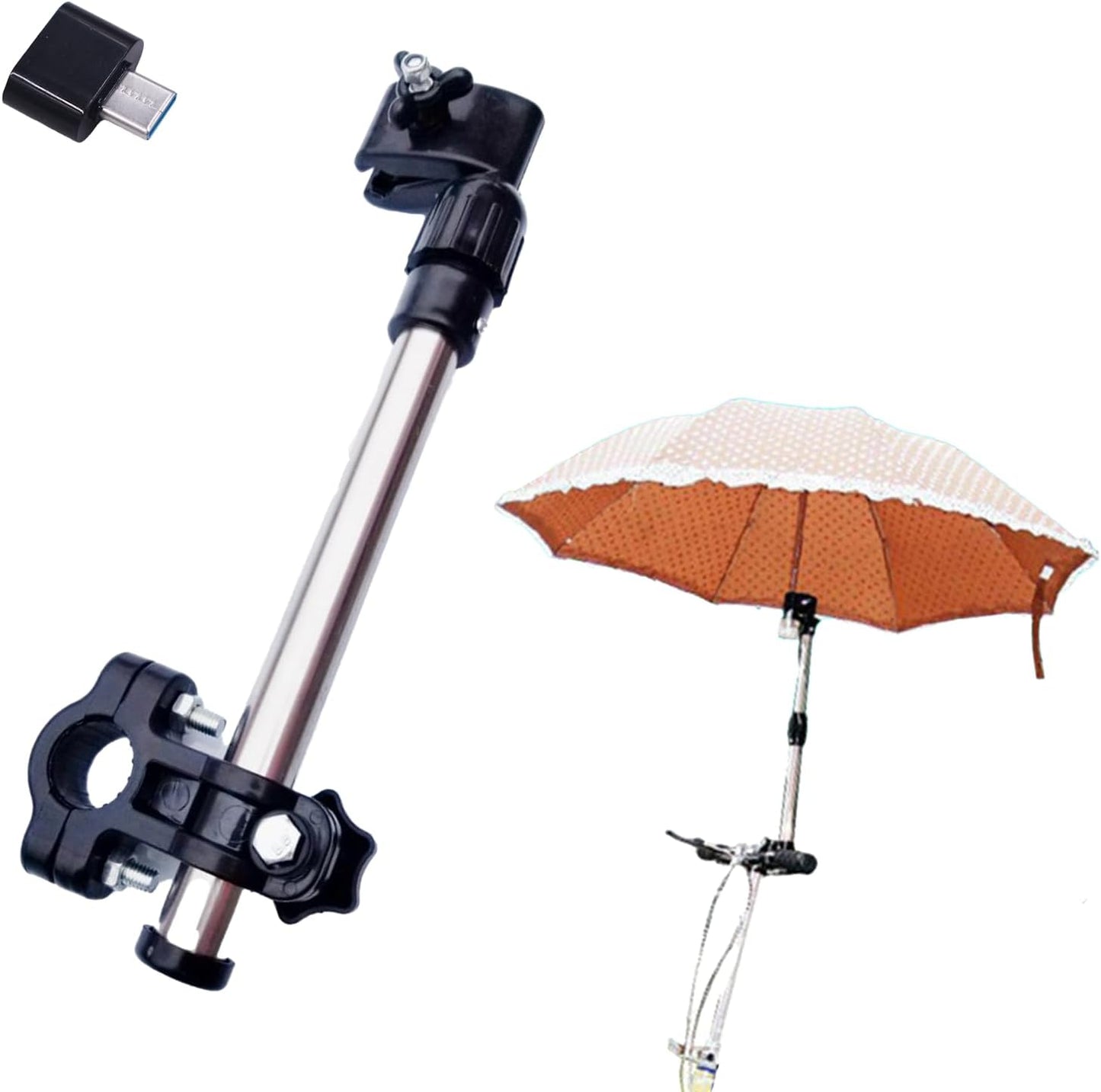 Stainless Steel Umbrella Holding Mount, 180° Adjustable Umbrella Holder, Umbrella Universal Clamp for Golf Cart, Beach Chair, Stroller, Bleacher, Patio, Fishing Type-C Convertor