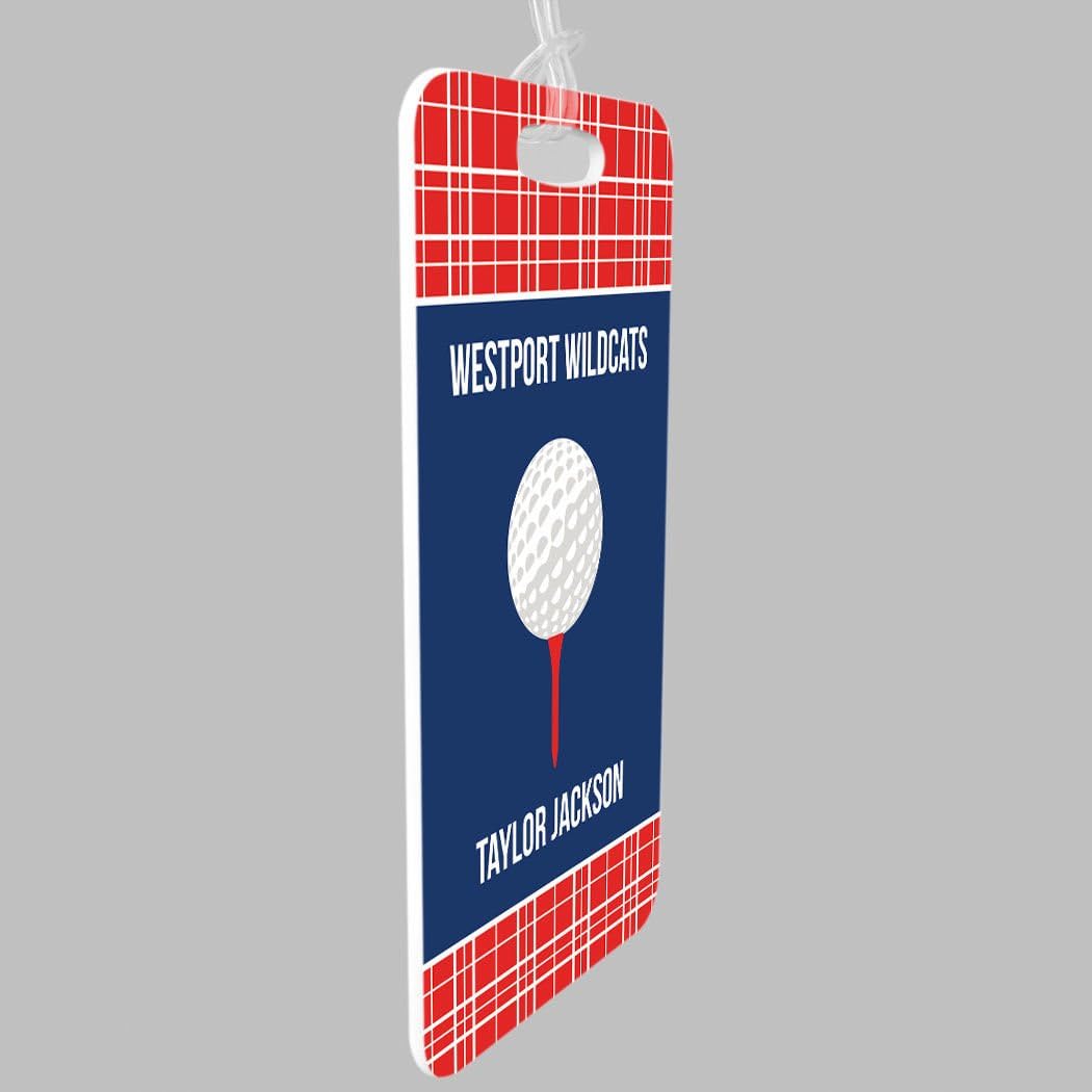 ChalkTalkSPORTS Golf Luggage & Bag Tag | Personalized Team with Golf Ball | Standard Lines on Back | Small | Red/Navy