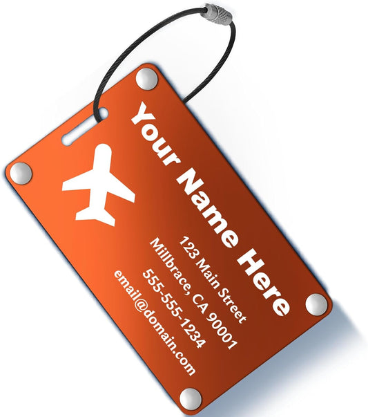 Personalized Luggage Tags: Custom Metal Luggage Tags for Suitcases, Backpacks and Bags with Your Personalized Text (Orange)