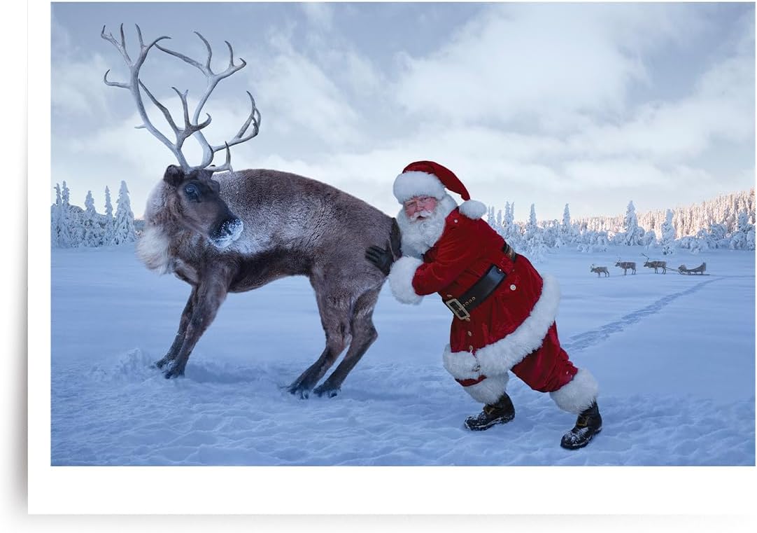 Photographic Christmas Cards, Santa Claus Pushing a Stubborn Reindeer (6 Cards with White Envelopes)