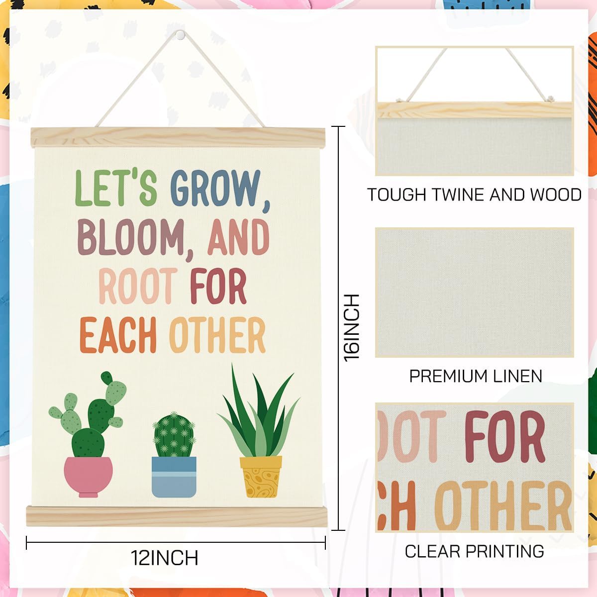WINGTECA Let's Root For Each Other Sign Boho Decor Art Poster Hanger Frame Classroom Back to School Decorations Colorful Wall Hanging Banner Decor for Classroom Nursery Kids Room Preschool 12x16Inch