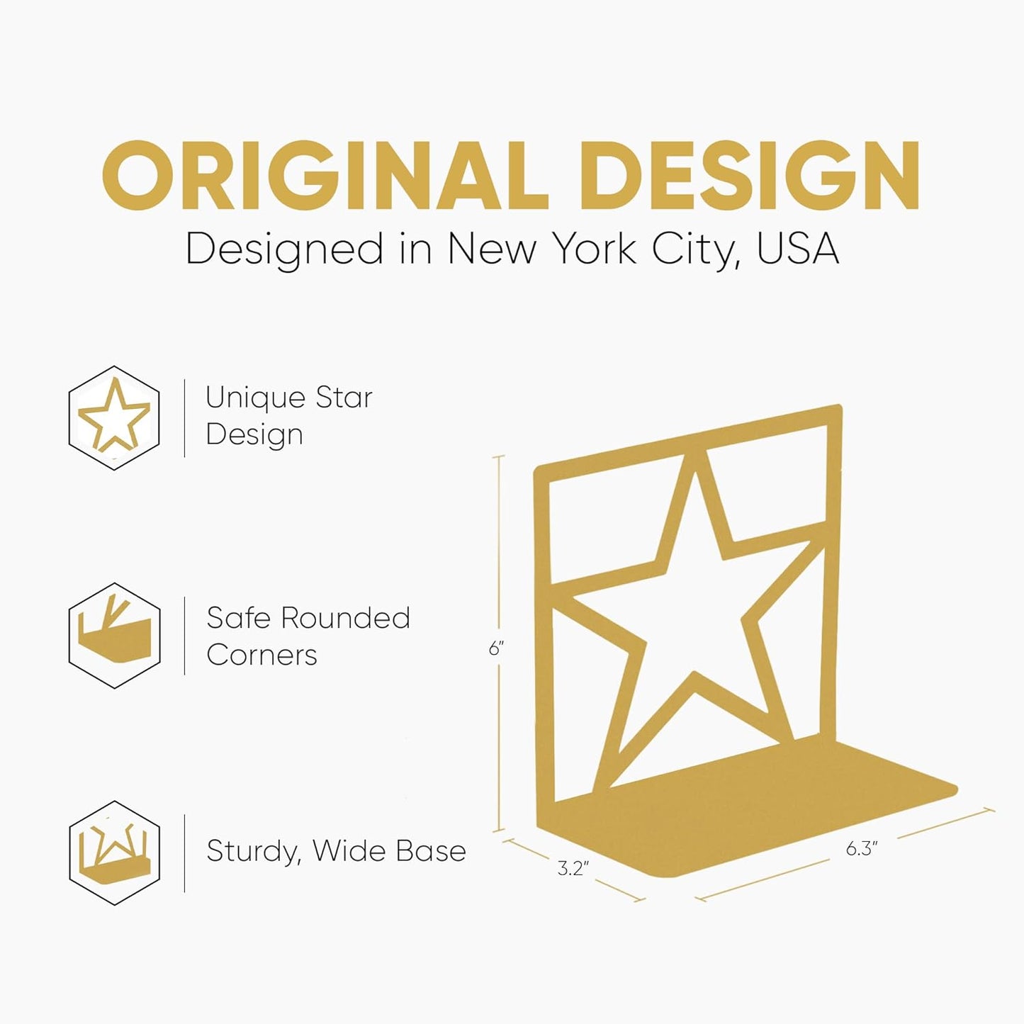 GEOMOD Star Gold Metal Bookends Decorative - Tall Sturdy Book Ends for Shelves - Modern Heavy Duty Bookend Stopper - Office or Home Book Shelf Book Holder - 6x3.2x6.3 Inches - 2 Pair