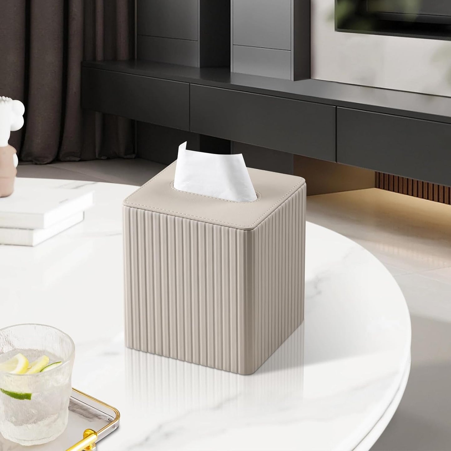 PU Leather Tissue Box Cover Square Tissue Box Holder with Magnetic Closure (Beige Stripe)