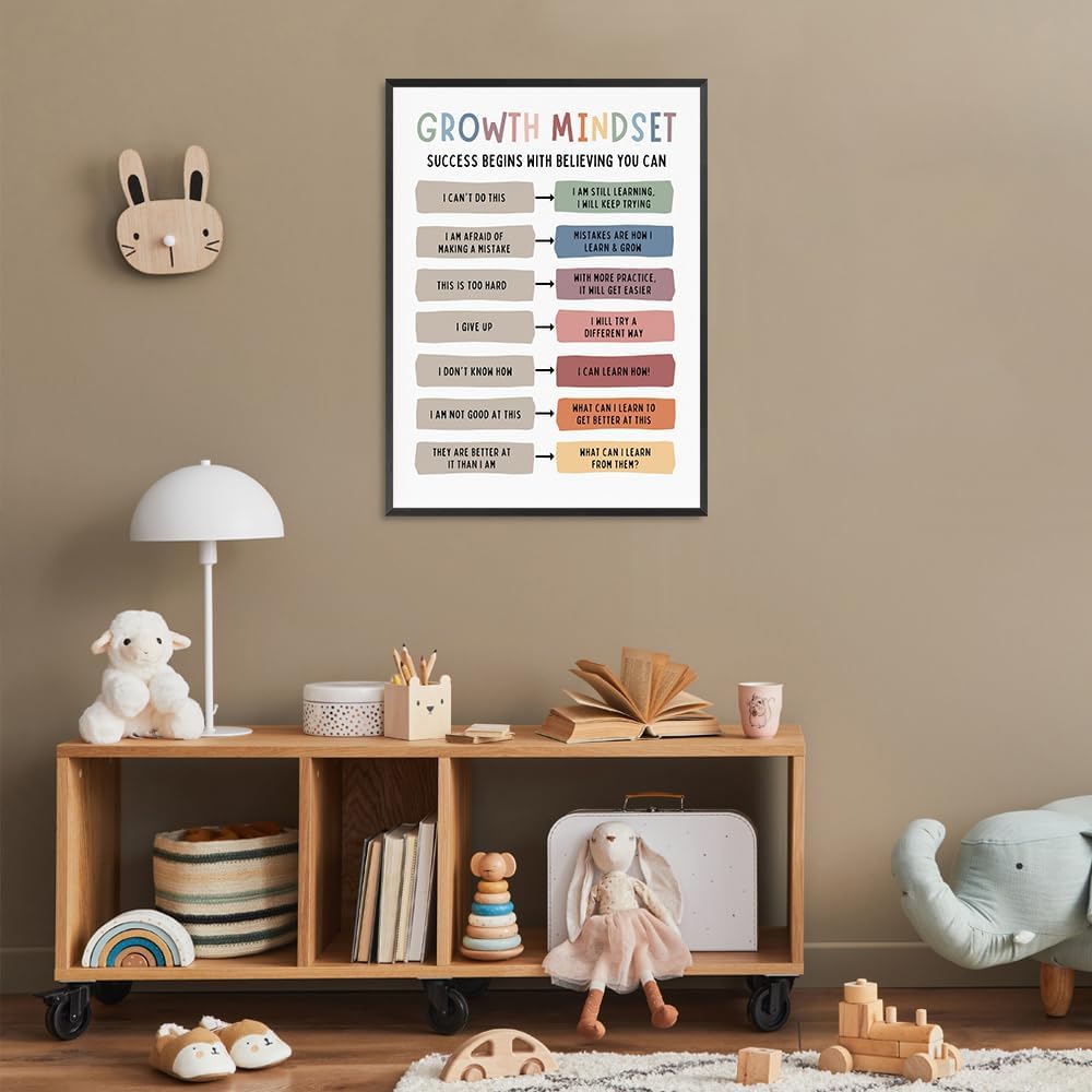 uoyien Growth Mindset Mental Health Posters Classroom Office Therapy Wall Decor Positive Affirmations Quotes Canvas Wall Art Kids Educational Prints For Calming Corner Decorations Framed 12x16in