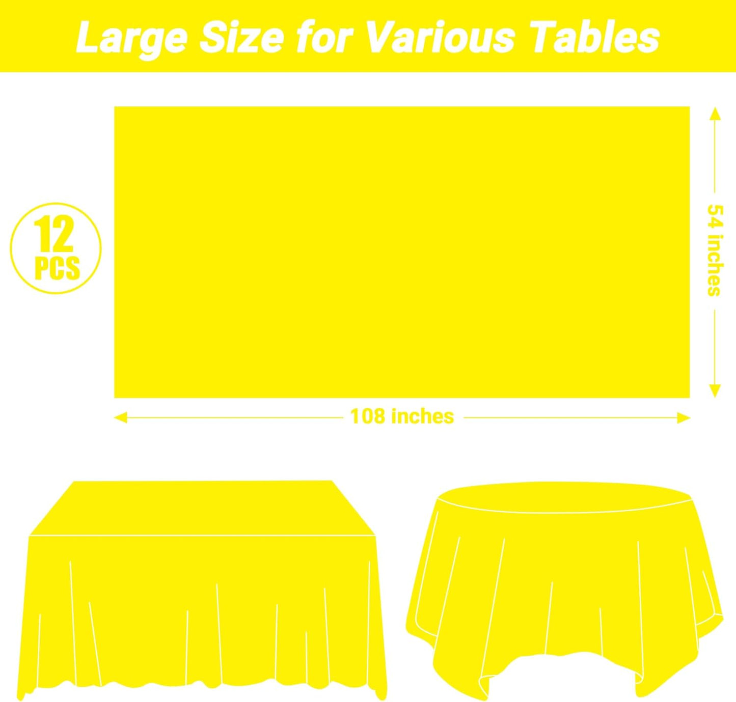 QZYL 12 PCS Yellow Rectangle Tablecloth, Disposable Plastic Picnic Table Cover, 54 X 108 in Lightweight Table Cloth Rectangle for Birthday Parties Weddings Picnics and Outdoor Gatherings