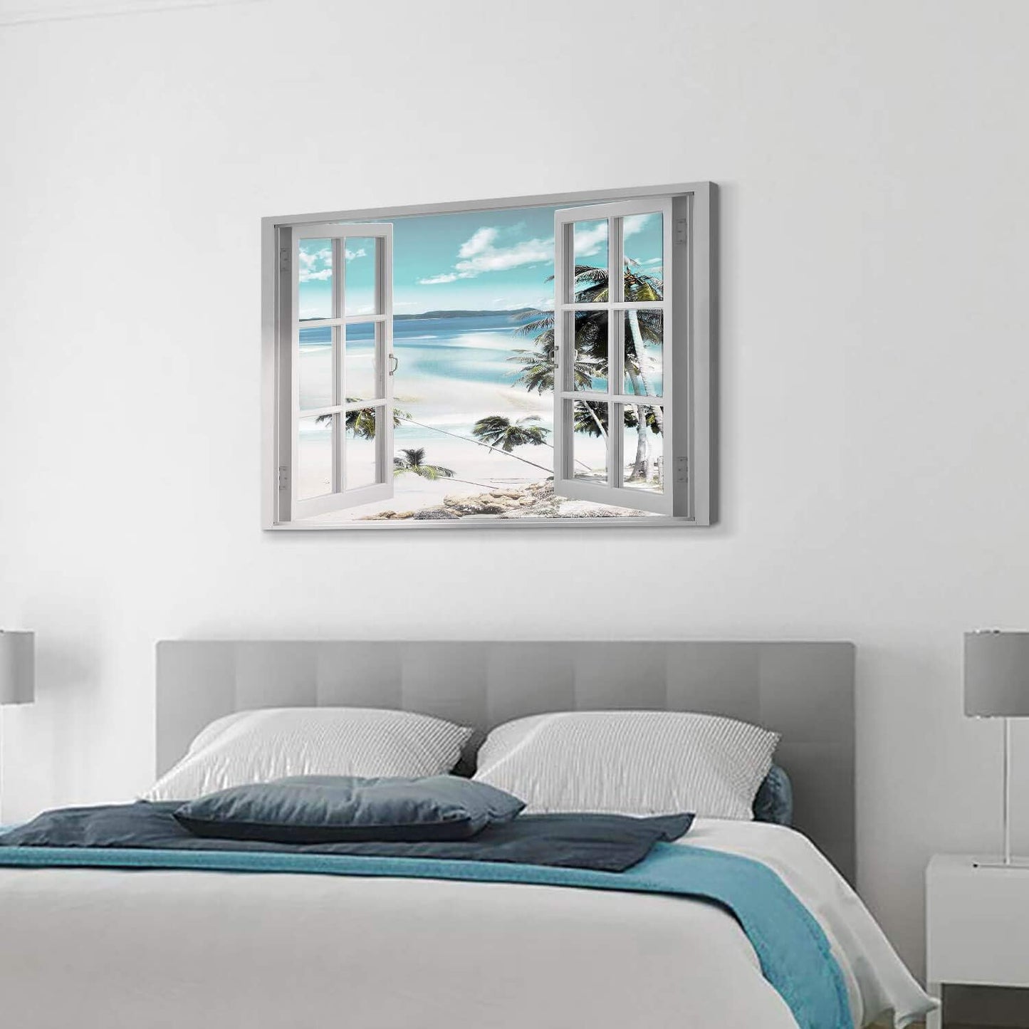 Canvas Windows Picture Wall Art: Beach with Light Blue Coastal Palm Graphic Artwork Print on Canvas Artwork for Living Room (45” x 30” x 1 Panel)