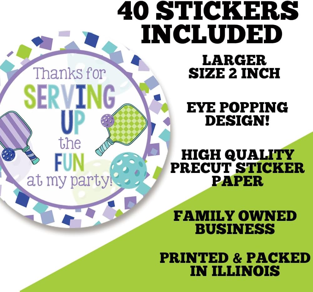 Pickleball Birthday Party Thank You Stickers for Kids – 40 2" Round Labels – Pickleball Themed Party Favor Stickers, Gift Bag Labels & Envelope Seals by Amanda Creation