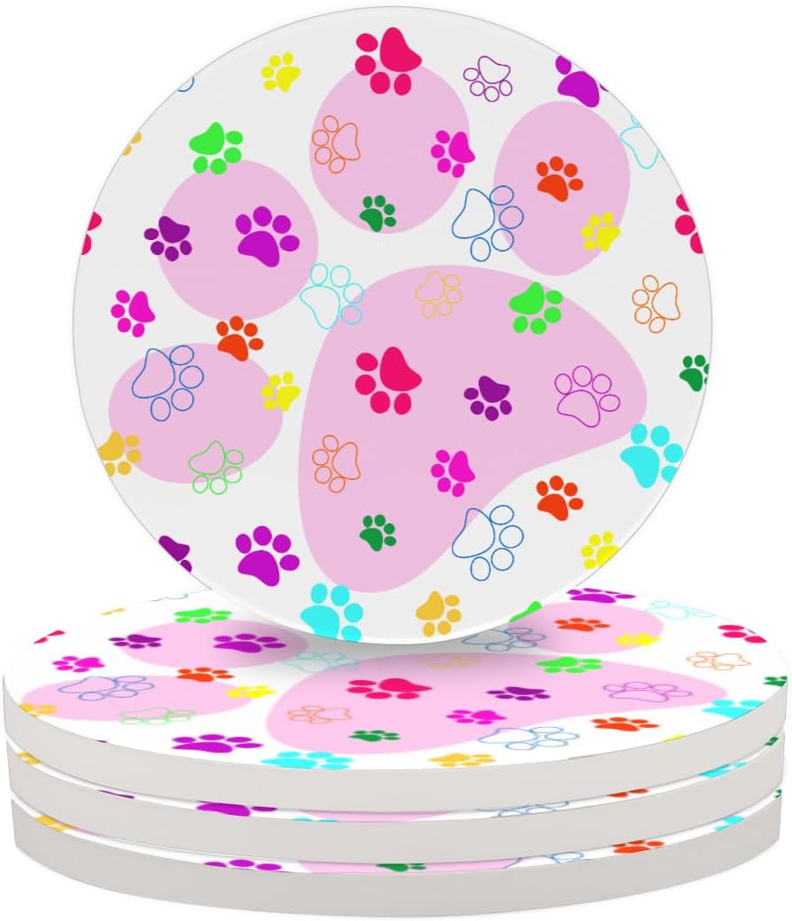 Ceramic Coasters for Drinks with Cork Back,Colorful Paw Prints On Pink 4 Inch Absorbent Coaster Set 4 Pack, Quick Dry Non-Slip Coaster Mats for Home, Office, Bar