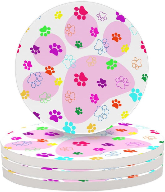 Ceramic Coasters for Drinks with Cork Back,Colorful Paw Prints On Pink 4 Inch Absorbent Coaster Set 4 Pack, Quick Dry Non-Slip Coaster Mats for Home, Office, Bar