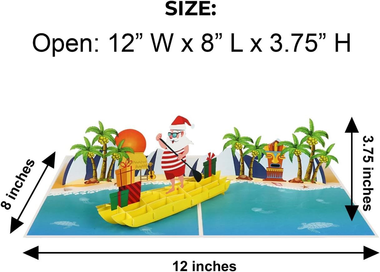 iGifts And Cards Tropical Santa 3D Pop Up Christmas Card - Warm Wishes from Down Under! Funny Beach Holiday Greeting with Santa Rowing a Canoe Full of Gifts – 6" x 8" with Notecard and Envelope