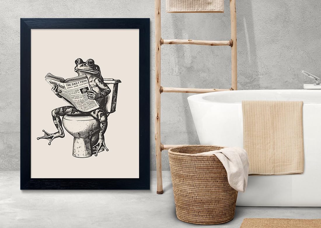 Black Framed Bathroom Wall Art Funny Bathroom Wall Decor Frog on Toilet Reading Newspaper Canvas Print Animal Artwork Pictures for Decorations