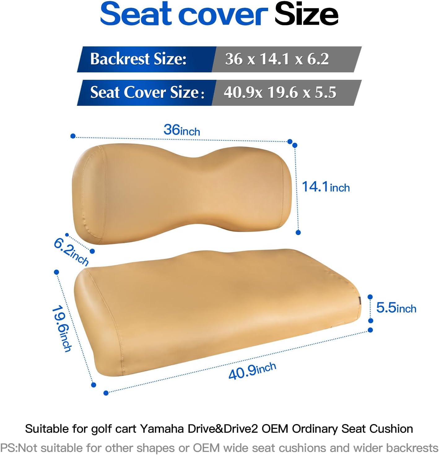 NOKINS Golf Cart Seat Covers Leather Front Seat Cover Fit Yamaha Drive&Drive 2,Smooth and Simple Style,No Stapler,Golf Cart Vinyl Waterproof Replacement Seat Cover,Tan
