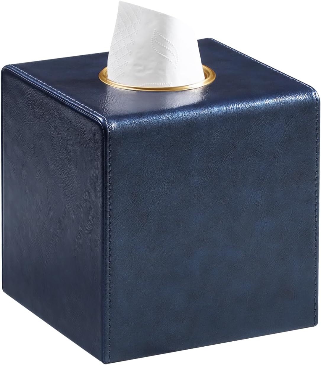 Square Tissue Box Cover, Luxury PU Leather Tissue Holder with Magnetic Closure (Navy Blue)