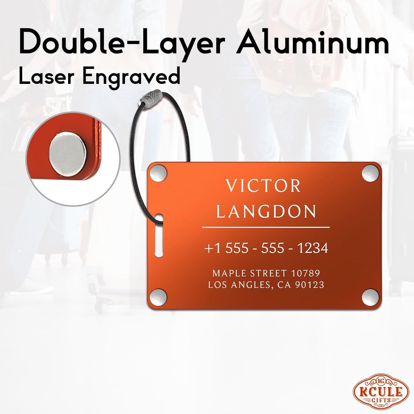 Personalized Luggage Tags for Suitcases - Aluminum Custom Luggage Tags for Backpacks & Bags, Sturdy, Waterproof & Heavy Duty (Orange/Card-Sized)