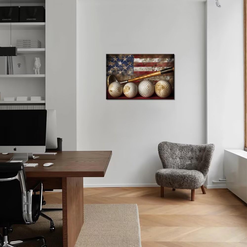 Golf Canvas Wall Art Vintage Golf Ball with American Flag Painting Artwork Leisure Sports Poster Golf Pictures for Living Room Office Club Home Decorations Framed Ready to Hang (18 x 24 inch)