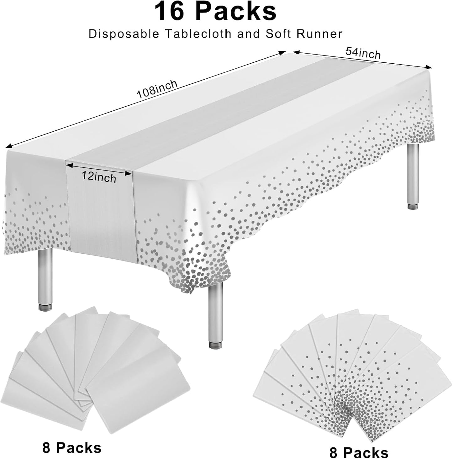 16 Packs Plastic Table Cloth Rectangle Table Disposable and Satin Table Runner, White and Silver Tablecloth Table Runner Cover for Christmas New Year Birthday Wedding Anniversary Party Decorations