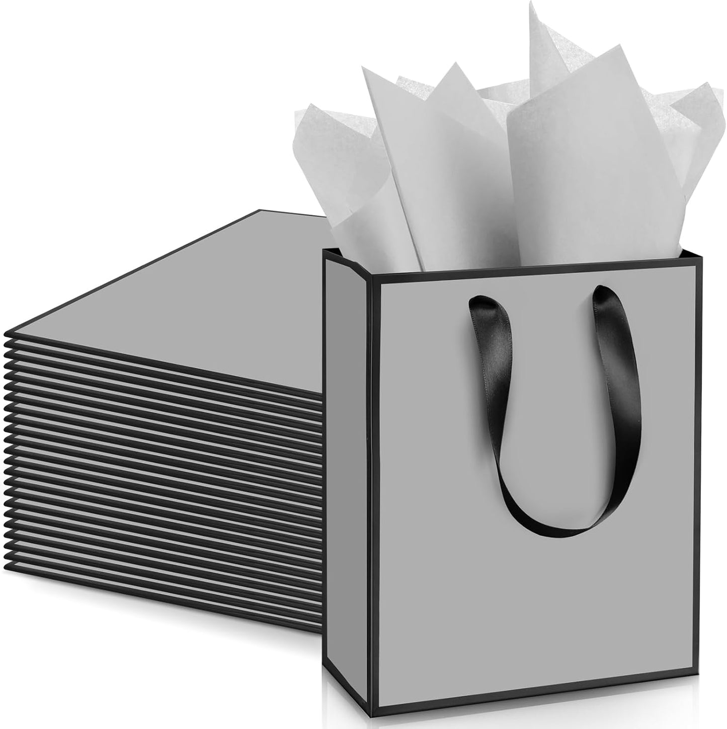 Yeaqee 24 Pack Metallic Paper Gift Bags with Handle and Tissue 9x7x3.1 Gold Foil Welcome Favor Bags Return Gifts for Wedding Fall 5 Senses Christmas Bridesmaid Birthday(Gray, Black)