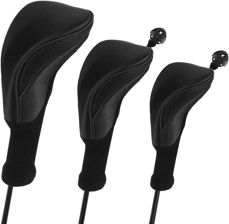 Golf Club Head Covers for Fairway Woods Driver Hybrids, 3Pcs Long Neck Mesh Golf Club Headcovers Set with Interchangeable No. Tags 3 4 5 6 7 X