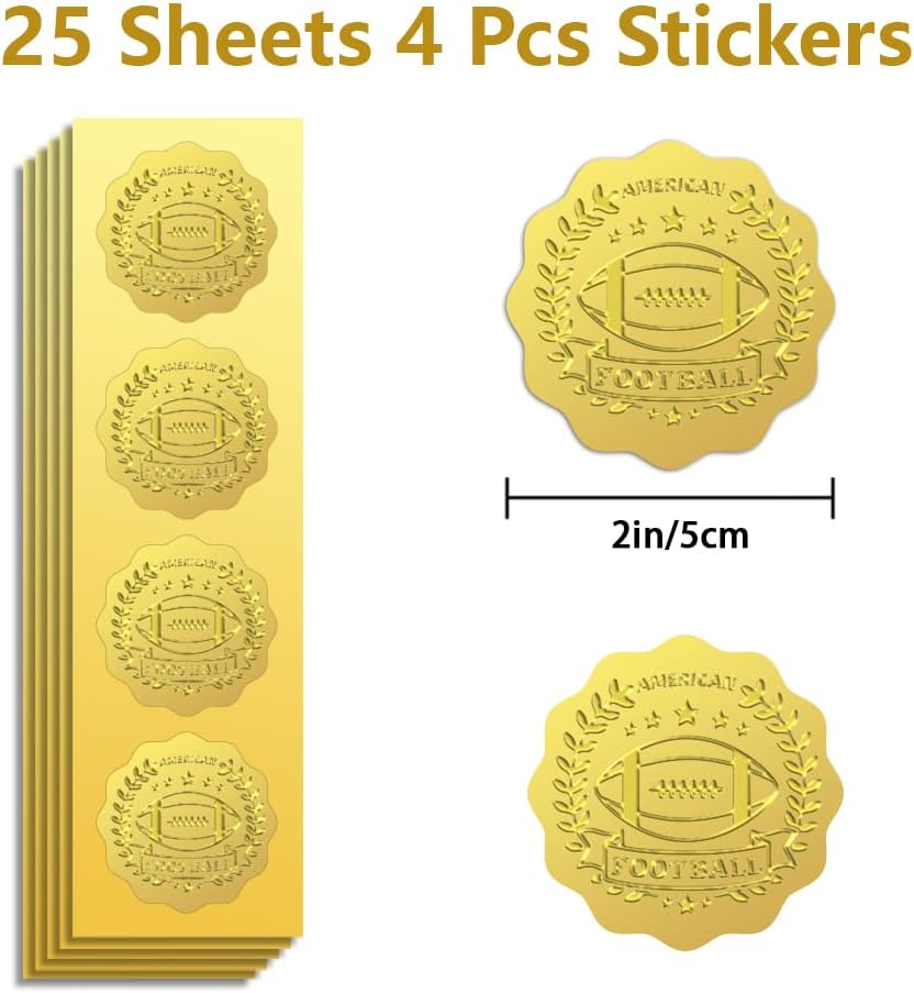Peacoblue Gold Foil Stickers Seals Embossed American Football and Wheatear 2 Inch 100Pcs, Self Adhesive Gold Around Embossing Sticker for Certificate Paper Envelope Seal Gift Card Present Decoration