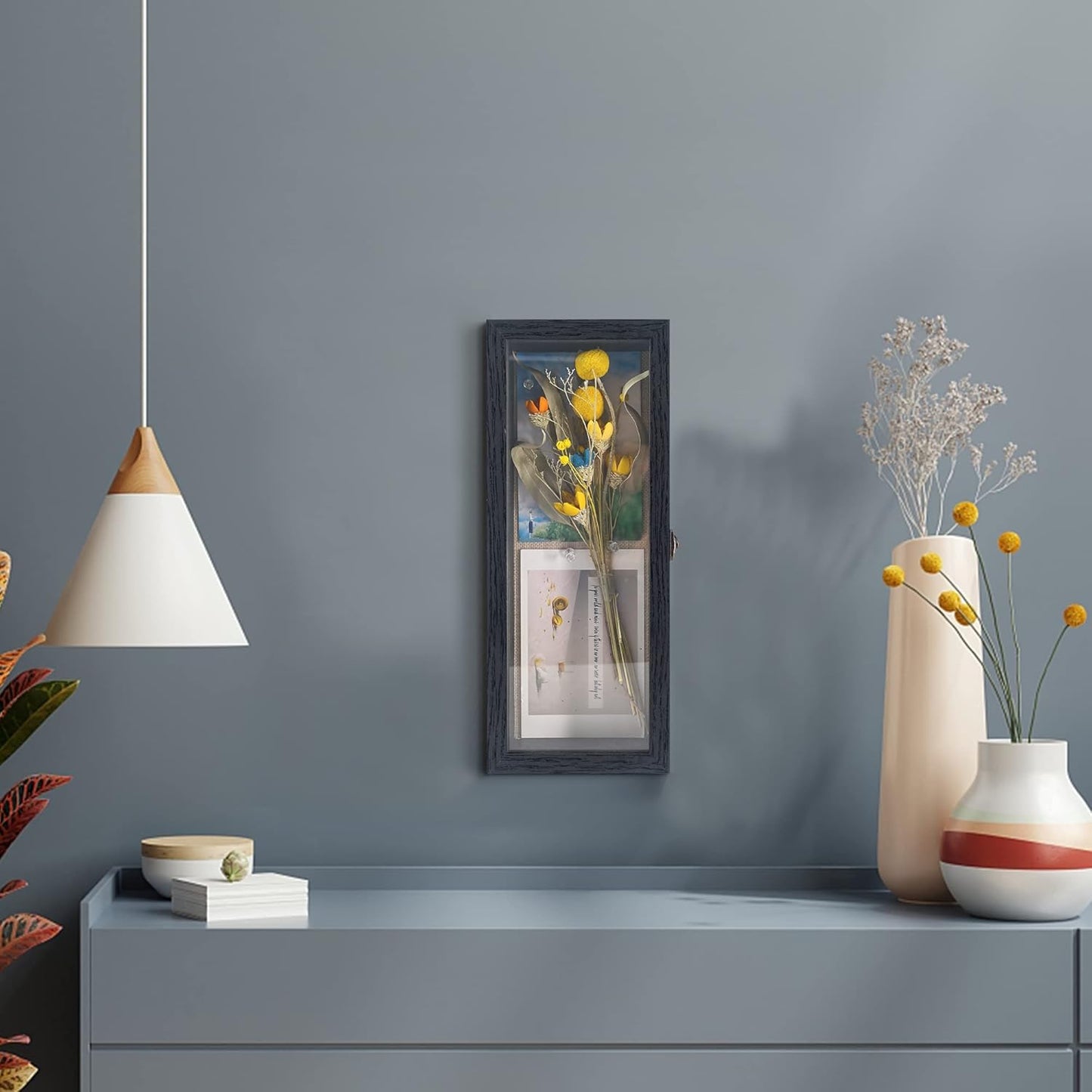 GraduatePro Shadow Box Frame 5x12.5 Display Case with Linen Back, Real Glass Window Door with Hinge, Picture Frame Wedding Bouquet Memorabilia Medals Photos Memory Box for Keepsakes, Rustic Black