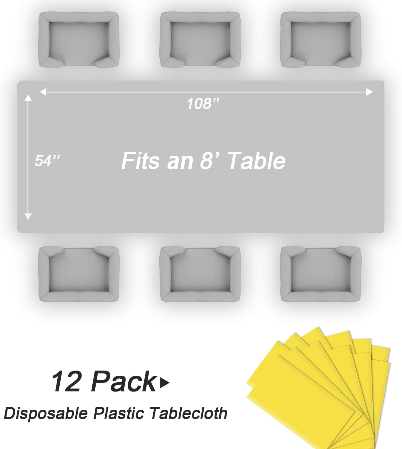 QIKSION Plastic Table Cloth Disposable 12 Pack, 54 x 108 Inch Tablecloths for Rectangle Tables, Yellow Plastic Table Cover
