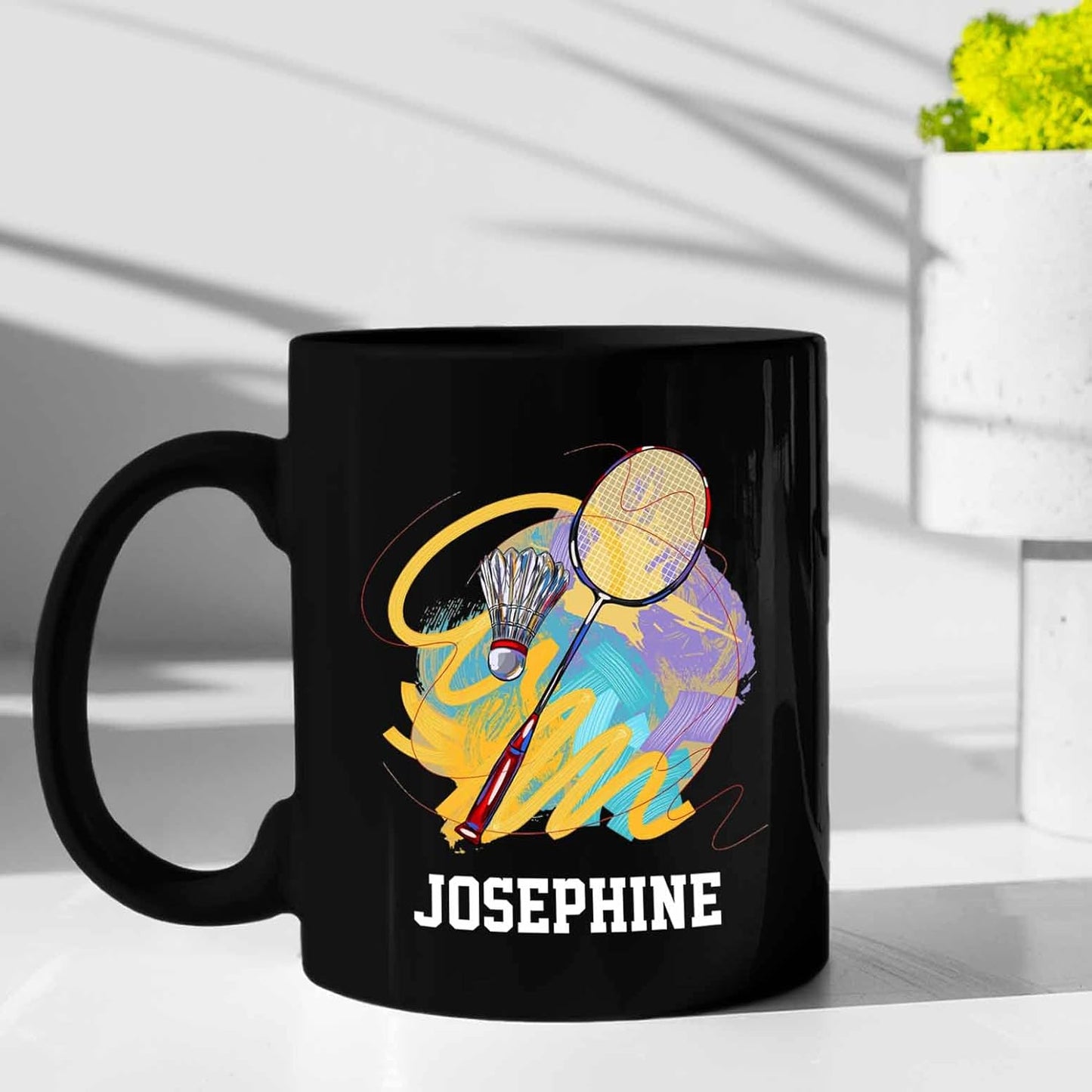 Personalized Choose Player Name Coffee Mugs Cups Gift For Men Women Team Coach Badminton Lover, Badminton Player Coffee Cup 11 Oz 15 Oz, Custom Badminton Racket Black Ceramic Mug, Badminton Sport Mug