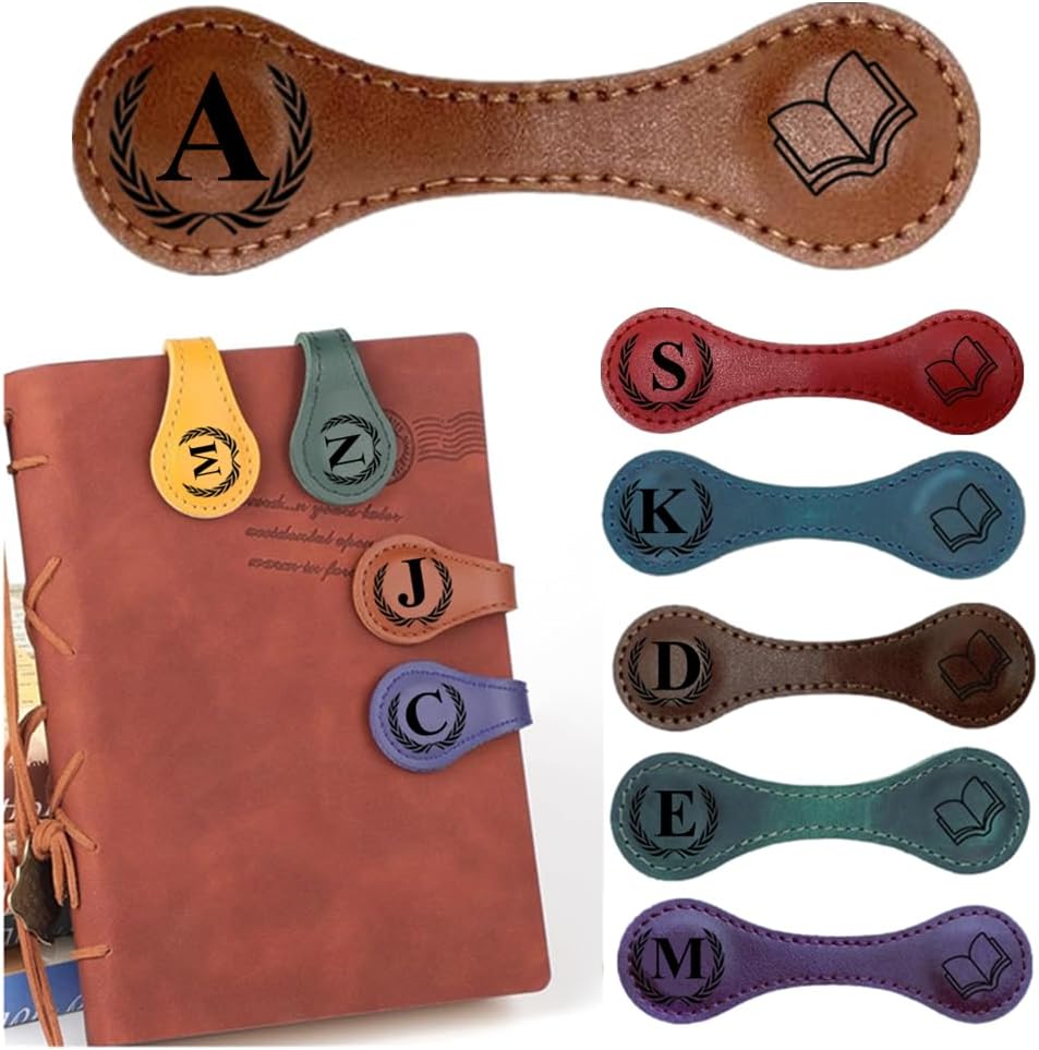 Personlized Magnetic Leather Bookmarks with Initials, Customized Book Marks Clip 26 Letters Bookmark for Reading Women, Men, Kids,Cute Book Markers Meaningful Gift for Book Lovers (Light Brown, A)