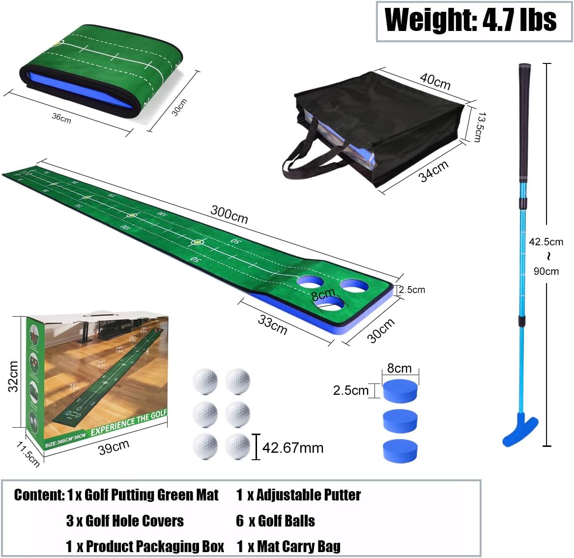 Putting Game, Indoor Green Putting Game Set, Detachable Golf Putting Mat - Includes 1 Putter, 6 Golf Balls, 3 Golf Cups, 1 Bag for Home Office Backyard with Family/Friends