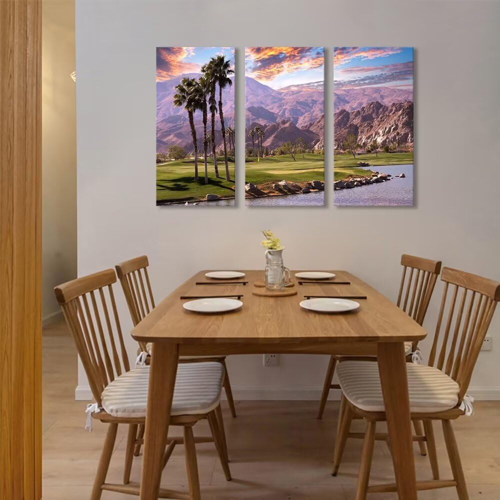 chenchenArt Golf Course at Sunset in Palm Wall Art Pictures Golf Course Wall Decor for Living Room Bedroom Home Decorations Canvas Prints Modern Artwork Framed Ready to Hang(12''W x 24''H x3)