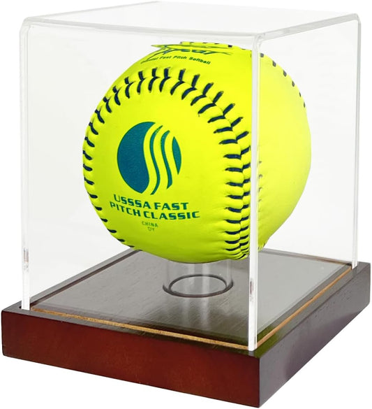 Softball Display Case,Clear Acrylic Ball Display Holder for 12 inch Softball,UV Protected Cube with Wood Base Stand for Tennis Ball Baseball Golf Ball,Championship Sport Collection Box Showcase