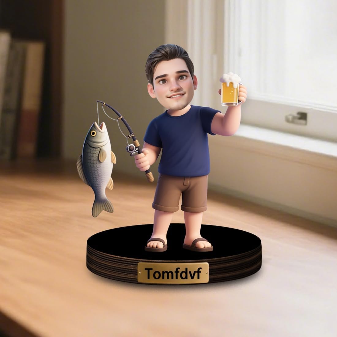 Personalized Fishing Desk Ornament Custom Face Photo Fisherman Plaque Cartoon Fisherman Portrait Boat Office Decor Sign Fishing Lover Keepsake Gifts for Men Dad Birthday Xmas Fathers Day