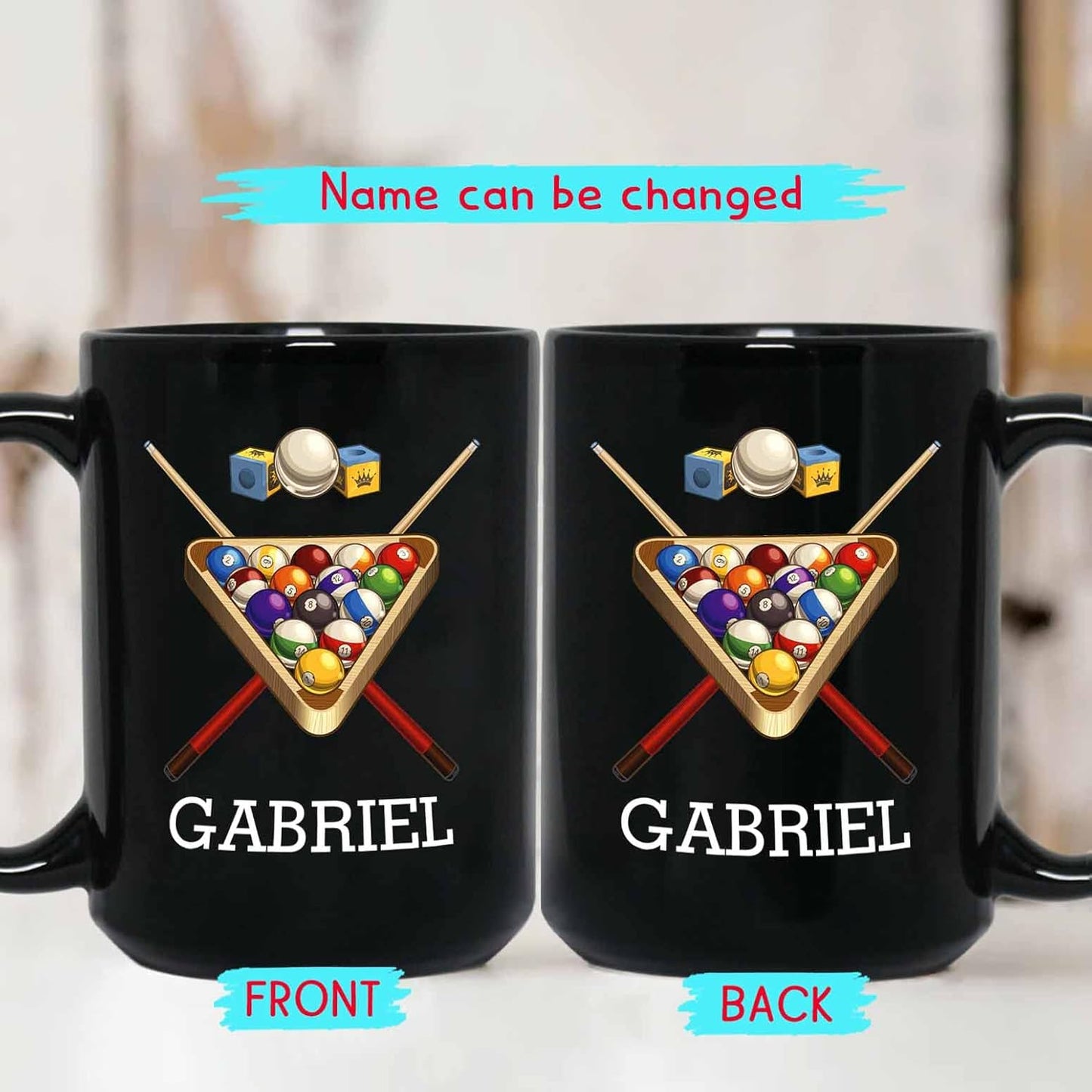 Customized Billiards Coffee Mugs Cups 11 Oz 15 Oz, Personalized Ball Billiards Coffee Cup With Choose Name, Pool Billiards Black Ceramic Mug Gifts For Billiards Lover, Billiard Balls Travel Mug Gift