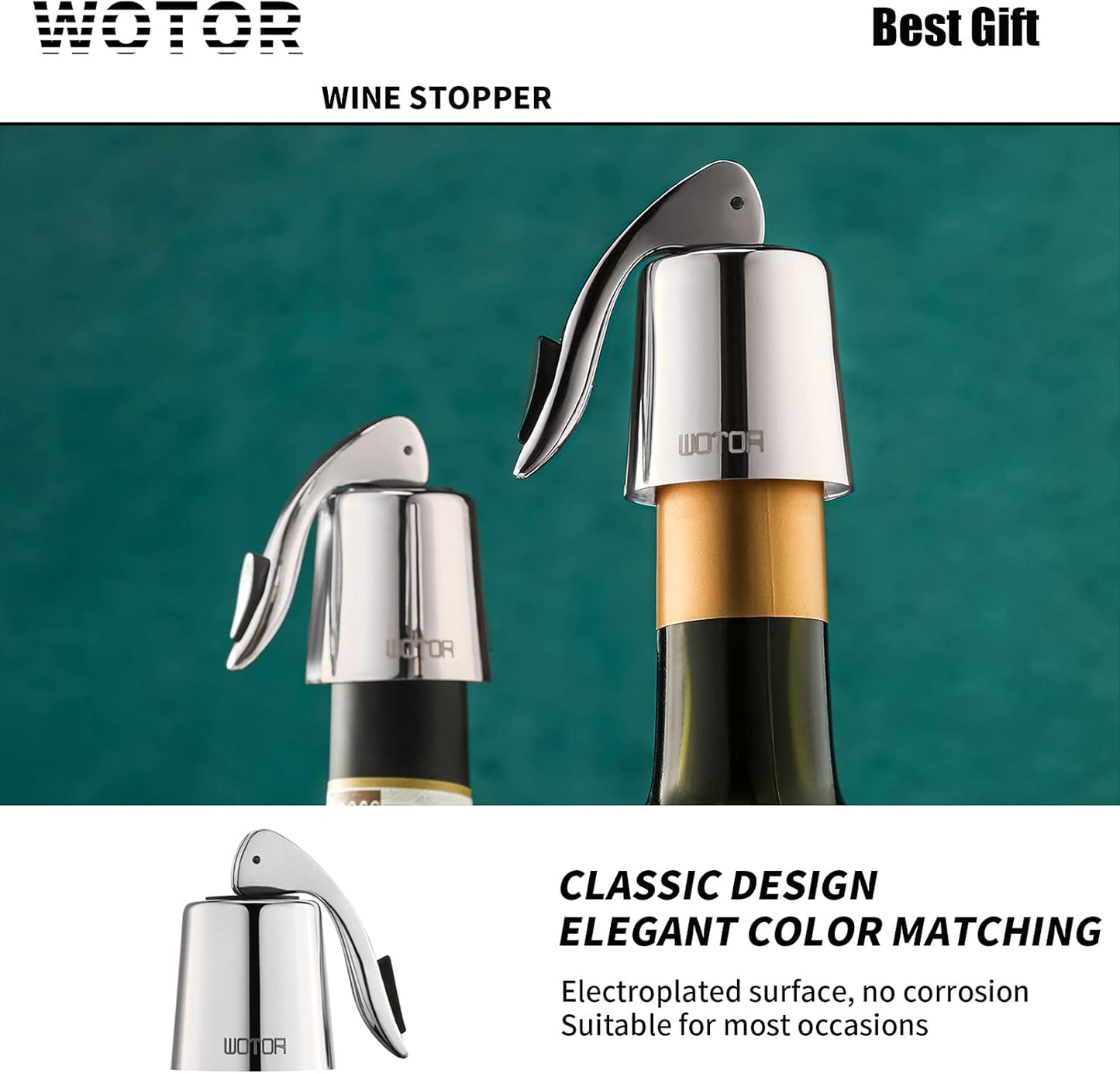 WOTOR Stainless Steel Wine Bottle Stoppers with Silicone - Reusable Wine Saver and Decorative Bottle Sealer, Leakproof, Keep Fresh, Silver, 2 Pack