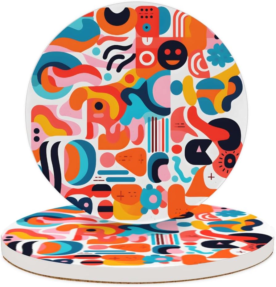 Ceramic Coasters for Drinks with Cork Back, Colorful Abstract Shapes 4 Inch Absorbent Coaster Set 2 Pack, Quick Dry Non-Slip Coaster Mats for Home, Office, Bar